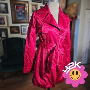 Vintage Y2K Rampage Magenta Pink Metallic Zip Front Belted Trench Coat Jacket